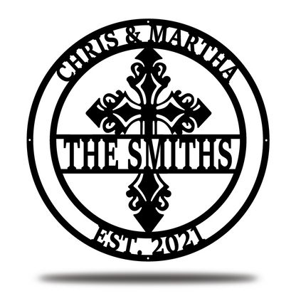 Family Name Metal Sign with Faith Cross-Personalized Monogram Home Wall Decor