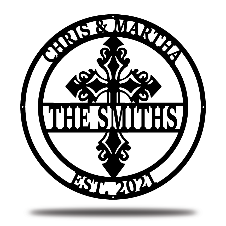 Family Name Metal Sign with Faith Cross-Personalized Monogram Home Wall Decor